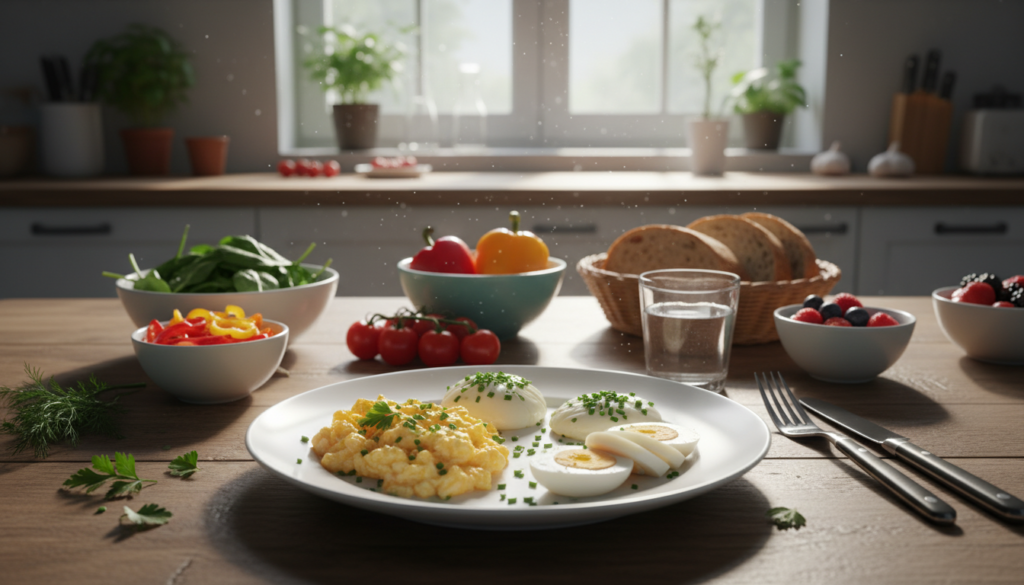 A beautifully composed kitchen scene showcasing a variety of colorful dishes featuring eggs, designed to visually represent healthy options for a diabetes diet. In the foreground, a pristine white plate holds perfectly cooked eggs—scrambled, poached, and boiled—garnished with fresh herbs. The middle ground features a stylish wooden table with colorful vegetables like spinach, bell peppers, and tomatoes alongside whole grain bread, promoting a balanced meal. In the background, natural light streams through a window, creating a warm and inviting atmosphere. The overall mood feels wholesome and nutritious, capturing the essence of healthy eating. The lens perspective is set at eye level to engage the viewer, emphasizing the fresh ingredients and the delicious presentation.