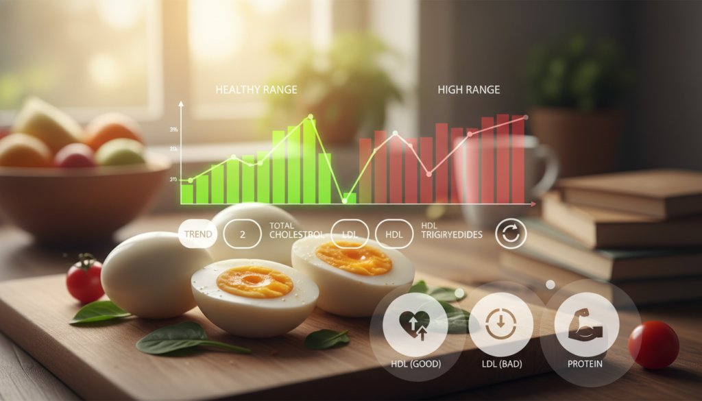 A close-up illustration of cholesterol levels represented by colorful, detailed infographics. In the foreground, a digital display showing cholesterol range indicators, with vibrant graphs featuring green and red zones denoting healthy and high cholesterol levels. The middle section includes realistic boiled eggs arranged neatly, highlighting their nutritional benefits, with yolks visible to emphasize their cholesterol content. In the background, a softly blurred depiction of a kitchen setting, bathed in warm natural light, evokes a homely atmosphere. The scene should feel informative and encouraging, visually conveying the importance of managing cholesterol during dietary changes. Use a macro lens effect to enhance the details while maintaining a bright and inviting mood, free from all text and logos. A close-up illustration of cholesterol levels represented by colorful, detailed infographics. In the foreground, a digital display showing cholesterol range indicators, with vibrant graphs featuring green and red zones denoting healthy and high cholesterol levels. The middle section includes realistic boiled eggs arranged neatly, highlighting their nutritional benefits, with yolks visible to emphasize their cholesterol content. In the background, a softly blurred depiction of a kitchen setting, bathed in warm natural light, evokes a homely atmosphere. The scene should feel informative and encouraging, visually conveying the importance of managing cholesterol during dietary changes. Use a macro lens effect to enhance the details while maintaining a bright and inviting mood, free from all text and logos.