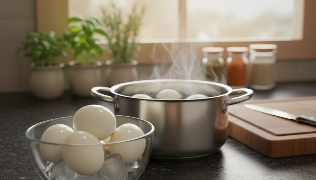 A close-up image of a pot of cooling hard-boiled eggs, steam gently rising from the water. The foreground features a few peeled eggs, their surface glistening with moisture, nestled atop a bed of ice cubes in a large glass bowl. In the middle, the pot, still steaming, is positioned against a kitchen countertop with a rustic wooden cutting board. In the background, soft natural light filters in through a window, highlighting herbs and spices arranged on the countertop, creating a warm and inviting atmosphere. The focus is sharp on the eggs, while the surroundings are slightly blurred to emphasize the cooling process. The mood is calm and domestic, suggesting proper kitchen practices.