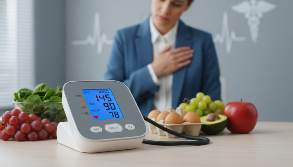 A close-up view of a blood pressure monitor displayed prominently in the foreground, sleek design with a digital readout showing elevated blood pressure levels. Surrounding the monitor, an array of healthy foods like eggs, leafy greens, and fruits, symbolizing dietary choices. In the middle ground, a faint outline of a concerned person in professional attire, glancing at the monitor, emphasizing the importance of dietary habits. The background softly fades into a clinical setting, with muted colors and subtle medical imagery, conveying a serious tone. Soft, diffused lighting casts a warm glow over the scene, enhancing the focus on the blood pressure monitor and its implications. Overall atmosphere reflects a thoughtful, informative space dedicated to health and awareness.