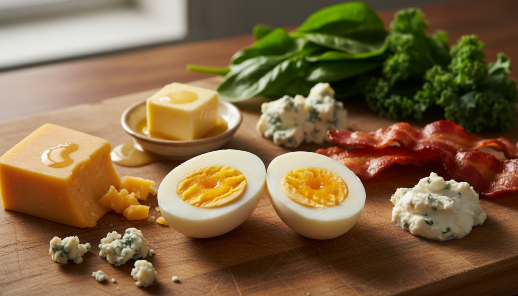 A close-up view of a boiled egg, perfectly sliced in half, revealing its bright yellow yolk and creamy white. Surrounding the egg, visualize a variety of foods high in saturated fat, such as rich butter, creamy cheese, and crispy bacon, artistically arranged on a rustic wooden table. In the background, soft-focus green vegetables like spinach and kale hint at a healthy diet, creating an inviting contrast. The lighting is warm and natural, casting gentle shadows for depth, while a slight overhead angle captures the textures of the foods prominently. The mood is informative yet inviting, ideal for a health-focused discussion. A close-up view of a boiled egg, perfectly sliced in half, revealing its bright yellow yolk and creamy white. Surrounding the egg, visualize a variety of foods high in saturated fat, such as rich butter, creamy cheese, and crispy bacon, artistically arranged on a rustic wooden table. In the background, soft-focus green vegetables like spinach and kale hint at a healthy diet, creating an inviting contrast. The lighting is warm and natural, casting gentle shadows for depth, while a slight overhead angle captures the textures of the foods prominently. The mood is informative yet inviting, ideal for a health-focused discussion.