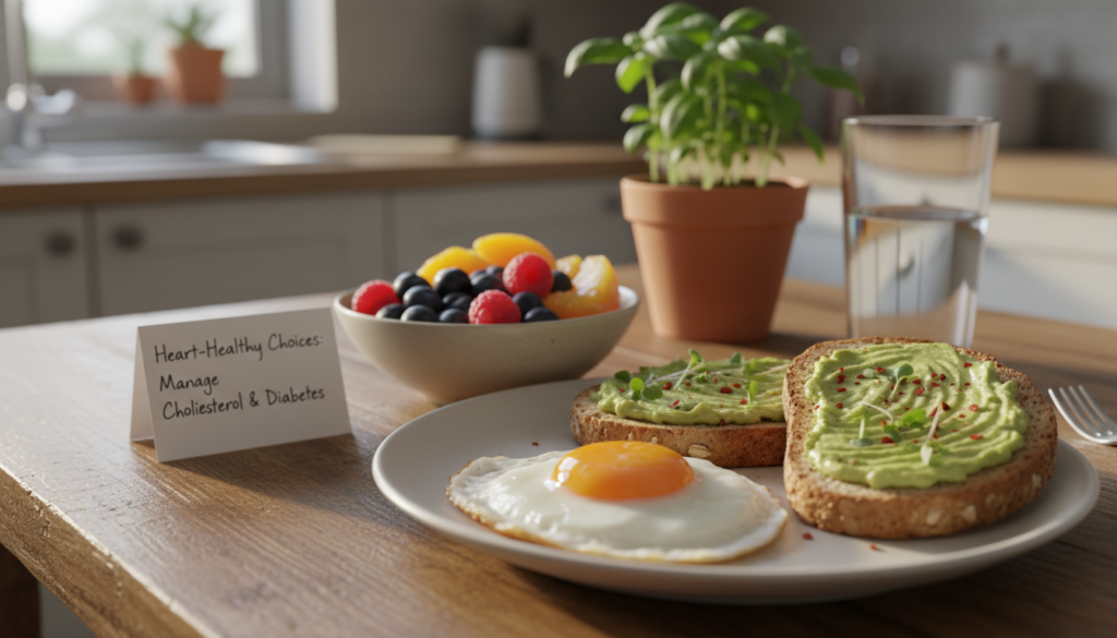A close-up view of a healthy breakfast plate featuring eggs, whole-grain toast, and avocado on a rustic wooden table. The foreground should highlight a beautifully cooked sunny-side-up egg, glistening under soft natural light, emphasizing its rich yolk. In the middle, include a bowl of colorful fruits such as berries and orange slices, suggesting a heart-healthy diet. The background features a blurred kitchen setting with fresh herbs and a glass of water, enhancing the atmosphere of a wholesome meal. The overall mood is inviting and informative, reflecting a balanced lifestyle and the importance of monitoring cholesterol levels in the context of diabetes management. Use a shallow depth of field to draw focus on the food while enhancing the warm, bright ambiance.