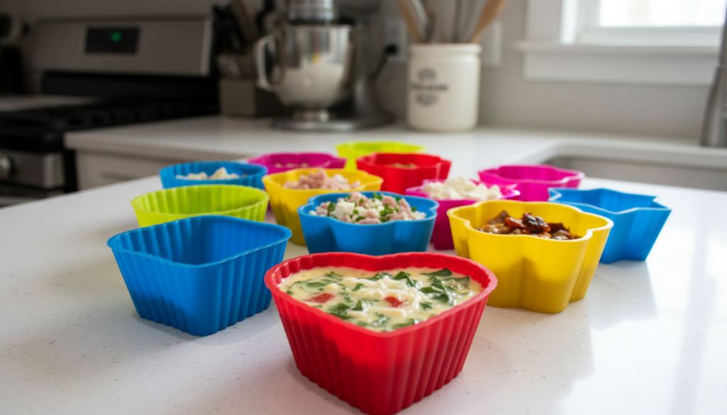 A collection of colorful silicone muffin molds arranged on a pristine white countertop, showcasing various shapes and sizes like hearts, flowers, and classic round designs. In the foreground, focus on a vibrant red heart-shaped mold filled with a mixture of egg, spinach, and cheese, ready for cooking. In the middle ground, display additional molds with varied fillings, hinting at their versatility. Soft, natural window light illuminates the scene, creating a warm, inviting atmosphere. The background features subtle kitchen appliances, softly blurred to enhance depth and maintain focus on the muffin molds. The overall mood reflects a sense of culinary creativity and preparation, perfect for anyone excited to make delicious egg bites.