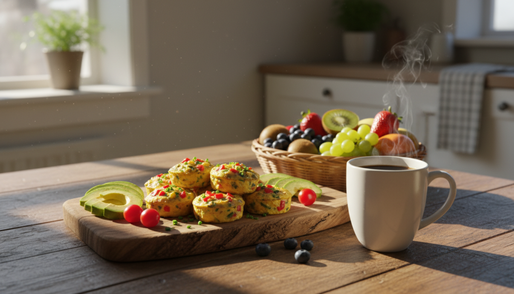 A cozy breakfast scene featuring a beautifully garnished platter of air fryer egg bites presented on a rustic wooden table. In the foreground, highlight the egg bites, colorful with fresh herbs and diced vegetables, surrounded by slices of avocado and cherry tomatoes. In the middle ground, a steaming cup of coffee and a vibrant fruit bowl add to the inviting ambiance. Soft morning light streams in from a nearby window, creating a warm and cheerful atmosphere. In the background, subtle hints of a kitchen setting with blurred cabinetry give context to the homey feel. The composition is shot from a slightly elevated angle, capturing the layout of the meal while inviting viewers to savor the moment.