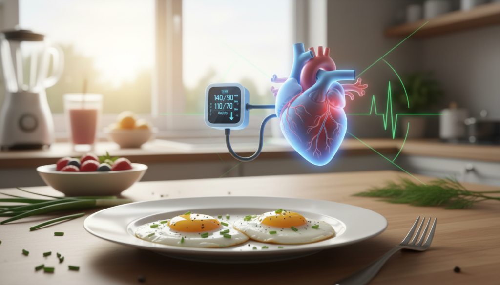 A vibrant, scientifically inspired composition illustrating the positive impact of egg consumption on blood pressure. In the foreground, a visually appealing plate of perfectly cooked eggs garnished with fresh herbs, showcasing the nutritional aspect. The middle ground features an abstract representation of a heart and blood vessels, subtly incorporating elements like a lowering blood pressure gauge. In the background, a softly blurred kitchen setting with natural light pouring in, creating a warm and inviting atmosphere. The overall mood reflects health and vitality, emphasizing the connection between dietary choices and cardiovascular wellness. Employ a bright, high-contrast lighting scheme to enhance the colors and textures of the eggs and the health icons, utilizing a wide-angle perspective to capture the entire scene effectively.