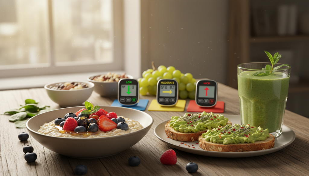 A visually appealing morning breakfast scene featuring a colorful spread of brain-boosting foods. In the foreground, a wooden table holds a variety of delicious breakfast items: a bowl of oatmeal topped with fresh berries and a drizzle of honey, whole grain toast with avocado, and a refreshing smoothie in a glass. In the middle ground, a subtle display of sugar level meters illustrating low, moderate, and high levels, blending seamlessly with the food items. The background is softly blurred with warm morning light streaming in through a window, casting gentle shadows and creating a cozy, inviting atmosphere. The overall mood is uplifting and health-conscious, encouraging students to make better breakfast choices.