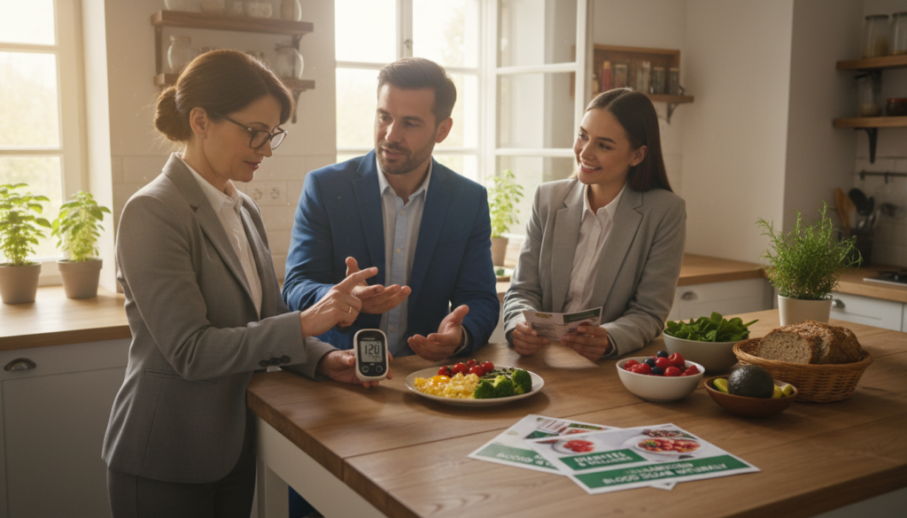 A warm and inviting kitchen setting bathed in soft, natural light. In the foreground, a diverse group of three adults, dressed in professional business attire, engaging in a friendly conversation while examining a healthy meal of eggs alongside vibrant vegetables and a blood sugar monitor. One person, a middle-aged woman with glasses, is checking her blood sugar levels attentively, with a concerned yet positive expression. In the middle ground, a wooden dining table is adorned with fresh ingredients and nutritional pamphlets related to diabetes. The background features cozy kitchen elements like potted herbs and an open window letting in sunlight, enhancing the wholesome atmosphere. Overall, the image conveys a sense of health-conscious living and community support for diabetes management.