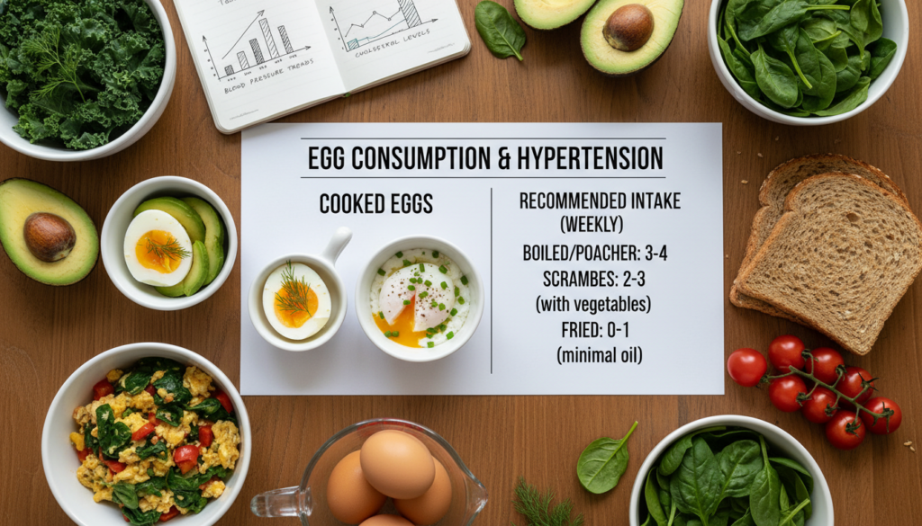 An informative and visually appealing egg consumption guide focused on hypertension, featuring a neatly arranged table displaying various cooked eggs, including boiled and poached eggs, garnished with fresh herbs and surrounded by heart-healthy foods like avocados and leafy greens. In the foreground, a measuring cup with a few eggs next to health statistics charts subtly incorporated in the background. Soft natural lighting illuminates the scene, creating a warm and inviting atmosphere. The composition is shot from a slightly elevated angle to provide a clear view of the eggs and food pairings, emphasizing the topic of safe egg consumption. The overall mood is encouraging and educational, aimed at promoting a healthy lifestyle.