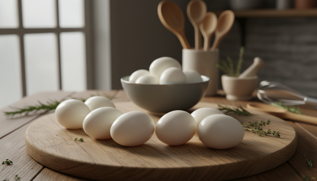 Unpeeled hard-boiled eggs arranged artistically on a wooden cutting board. In the foreground, focus on several eggs with their smooth, white shells, showcasing subtle reflections of soft light. The middle section features a faintly blurred bowl of eggs resting nearby, enhancing the kitchen ambiance. On the background, a kitchen setting with rustic utensils and a few fresh herbs, softly illuminated by natural sunlight streaming through a nearby window, creating a warm and inviting atmosphere. The image captures the simplicity and natural beauty of unpeeled eggs, highlighting their importance as a staple food item. The overall mood is fresh and homey, emphasizing the storage and presentation of hard-boiled eggs in a practical yet appealing way.