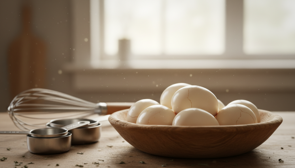 a cozy kitchen countertop showcasing a collection of freshly boiled eggs at room temperature, arranged neatly in a rustic wooden bowl. In the foreground, focus on the smooth, gleaming shells of the eggs, highlighting their pale hues under soft, warm lighting. In the middle ground, a few essential kitchen tools like a whisk and measuring cups are subtly placed, enhancing the cooking atmosphere. The background features a softly blurred window with natural light streaming in, illuminating the serene kitchen space. The scene conveys a sense of safety and warmth, embodying the essence of home cooking. Capture the image with a shallow depth of field, emphasizing the eggs while allowing the surrounding elements to fade gently into the background.