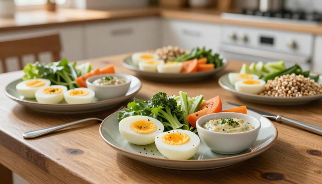 A beautifully arranged boiled egg diet plan on a rustic wooden table, featuring an array of healthy meals including sliced boiled eggs, fresh vegetables, and whole grains, all artistically presented. In the foreground, a vibrant plate showcases a perfectly boiled egg cut in half, with a sprinkle of herbs and a small bowl of dip beside it. The middle ground highlights additional meal options laid out in an appealing manner, while the background softly displays a blurred kitchen setting with natural light streaming in, casting a warm glow. The atmosphere is fresh and inviting, emphasizing health and wellness. The image is captured from a slight overhead angle, ensuring all elements are clearly visible and aesthetically pleasing.