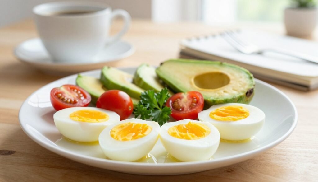 A beautifully arranged breakfast scene highlighting a selection of boiled eggs, perfectly cooked and presented on a simple, elegant white plate. In the foreground, the focus is on a few peeled, half-boiled eggs, their bright yellow yolks peeking out. In the middle, fresh ingredients like slices of avocado and cherry tomatoes add vibrant colors, while a sprig of parsley provides a touch of green. The background features a subtle wooden kitchen table with a blurred coffee cup and a recipe notebook, suggesting an inviting, homely atmosphere. Soft, natural lighting filters through a nearby window, creating a warm glow that enhances the freshness of the meal. The overall mood is cheerful and encouraging, ideal for someone preparing for a diet transformation.