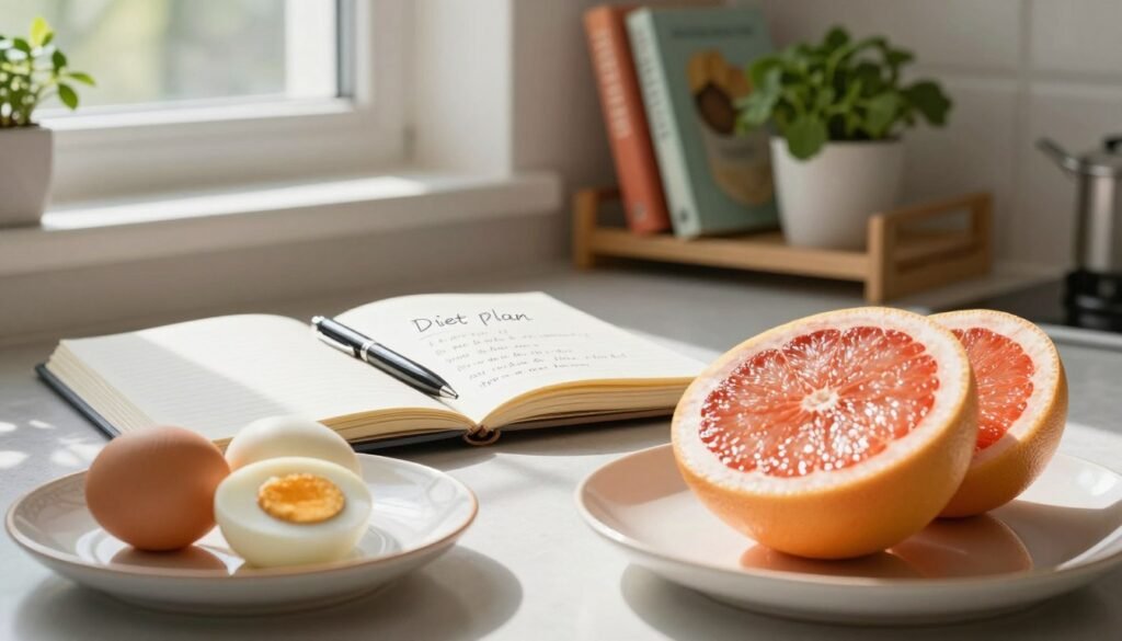 A serene kitchen setting illuminated by soft, natural light filtering through a window, casting gentle shadows. In the foreground, a vibrant grapefruit is sliced open, its juicy segments glistening, alongside a pair of boiled eggs on a stylish plate. In the middle, a notebook open with a pen beside it, displaying handwritten notes on the grapefruit diet plan, suggesting a thoughtful analysis. In the background, a minimalist shelf with health cookbooks and fresh herbs, contributing to an inviting atmosphere. The overall mood is calm and inspirational, emphasizing health and wellness, ideal for understanding a new dietary plan. The composition captures an inviting, educational feel, focusing on fresh ingredients and lifestyle balance.