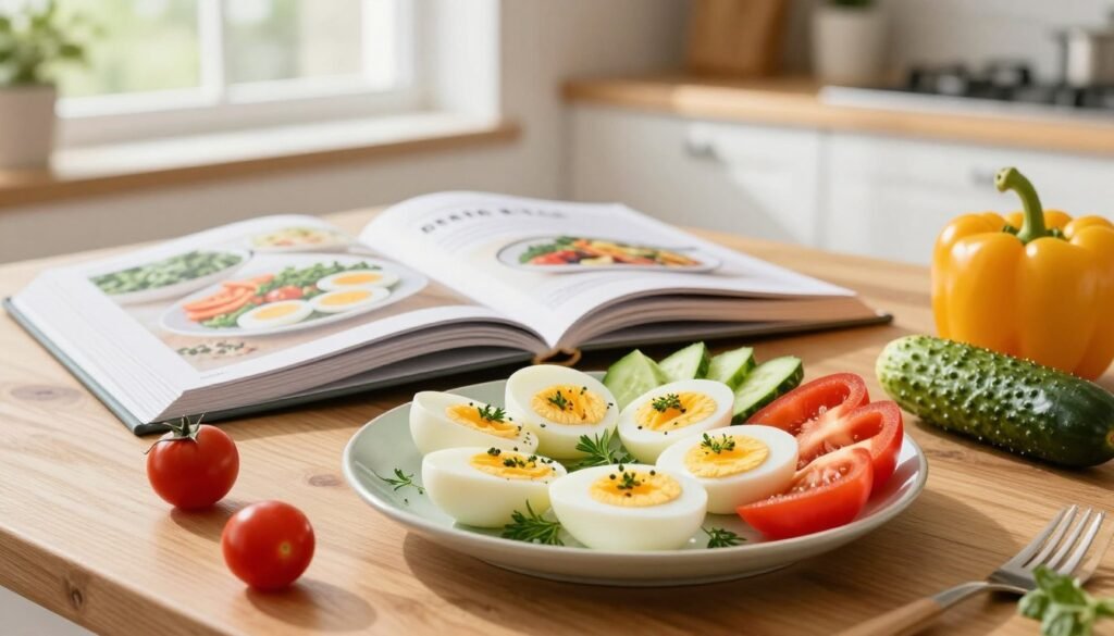 A vibrant and appealing kitchen scene featuring a neatly arranged boiled egg diet plan on a wooden table. In the foreground, display a plate with perfectly boiled eggs, garnished with fresh herbs and surrounded by a variety of colorful vegetables like cherry tomatoes, cucumbers, and bell peppers. The middle ground should include an open recipe book with appealing photos of meals based on the boiled egg diet, showcasing healthy eating. In the background, there’s a sunny kitchen window with natural light streaming in, creating a warm and inviting atmosphere. The composition should reflect a sense of health and vitality, encouraging viewers to adopt the boiled egg diet. Use a soft-focus effect to enhance the warmth and appeal, shot from a slightly elevated angle for added depth.