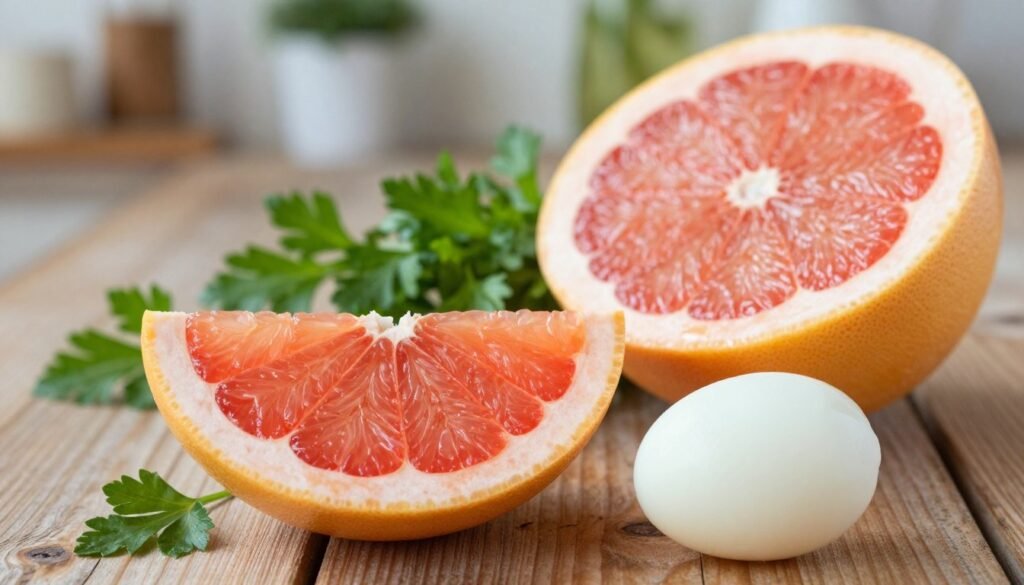 A vibrant and attractive still life composition featuring a sliced grapefruit and a boiled egg arranged artfully on a rustic wooden table. In the foreground, prominently display the juicy, bright pink and yellow segments of the grapefruit next to a perfectly peeled boiled egg, showcasing its creamy texture. In the middle ground, include sprigs of fresh herbs like parsley, enhancing the nutritious theme. The background should feature soft-focus green leaves or a blurred kitchen setting, creating a warm and inviting atmosphere. Utilize soft, natural lighting to evoke freshness, and use a slightly elevated angle to capture the details of both the grapefruit and egg, ensuring clarity and vibrancy in the colors. The overall mood should be wholesome and energizing, reflecting the health benefits of these foods.