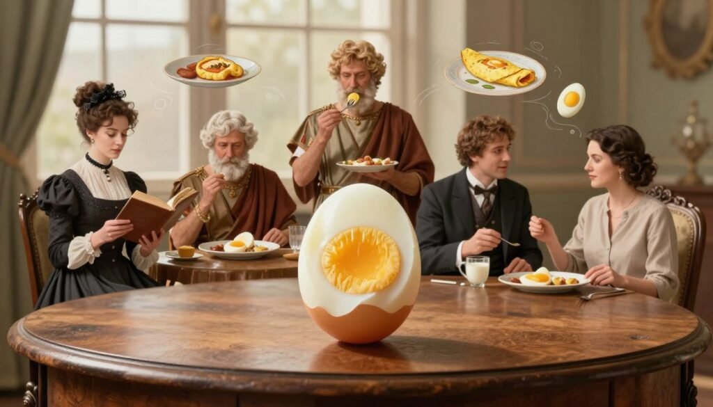 A vintage-style collage depicting the history of the egg diet, featuring a large, beautifully boiled egg in the foreground on an ornate wooden table. In the middle, illustrated scenes showcase various historical figures, such as a Victorian woman examining a cookbook, an ancient Roman enjoying an egg dish, and a modern-day nutritionist discussing the diet, all dressed in period-appropriate attire. The background features a soft, warm light filtering through an antique window, enhancing the nostalgic atmosphere. Subtle illustrations of egg-based meals, such as omelets and deviled eggs, hover in ethereal wisps, symbolizing the evolution of the egg diet. The overall mood is inspiring and educational, inviting viewers to explore the fascinating journey of the boiled egg diet throughout history.