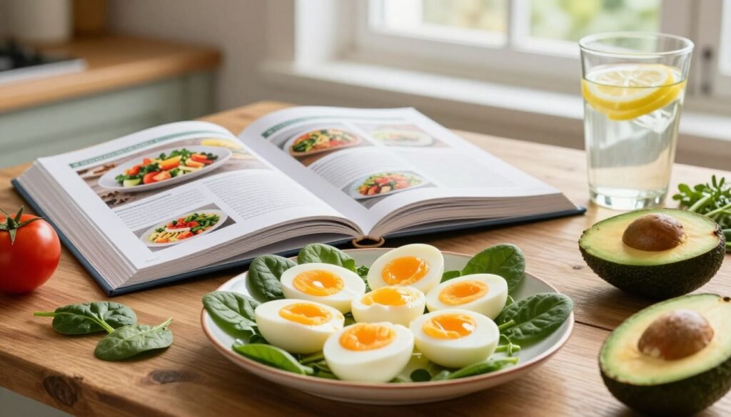 A visually appealing kitchen scene showcasing the benefits of a boiled egg diet. In the foreground, a rustic wooden table holds a vibrant plate of perfectly boiled eggs, their yolks a rich orange color, surrounded by fresh vegetables like spinach, tomatoes, and avocados. In the middle, a sleek cookbook opened to a healthy meal plan with pages displaying colorful dishes that emphasize protein-rich foods. In the background, soft natural light streams in through a window, illuminating a small bowl of spices and herbs alongside a glass of water infused with lemon. The atmosphere is warm and inviting, evoking a sense of health and wellness, perfect for emphasizing the advantages of the boiled egg diet.