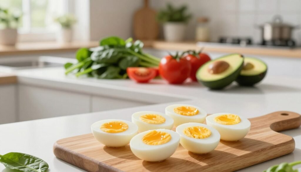 A visually appealing overview of the boiled egg diet plan, featuring a detailed and well-organized display. In the foreground, several perfectly boiled eggs cut in half, with vibrant yolks, arranged on a wooden cutting board. The middle layer reveals a clean, minimalist kitchen countertop adorned with a carefully curated mix of fresh vegetables like spinach, tomatoes, and avocados, symbolizing healthy meal options. A soft-focus background shows a sunlit kitchen with green plants adding life to the scene, enhancing a healthy atmosphere. Natural, warm lighting casts soft shadows, creating an inviting mood. The angle captures the arrangement from a slightly elevated perspective, ensuring clarity and detail, perfect for illustrating the concept of the boiled egg diet. No text or watermarks present.