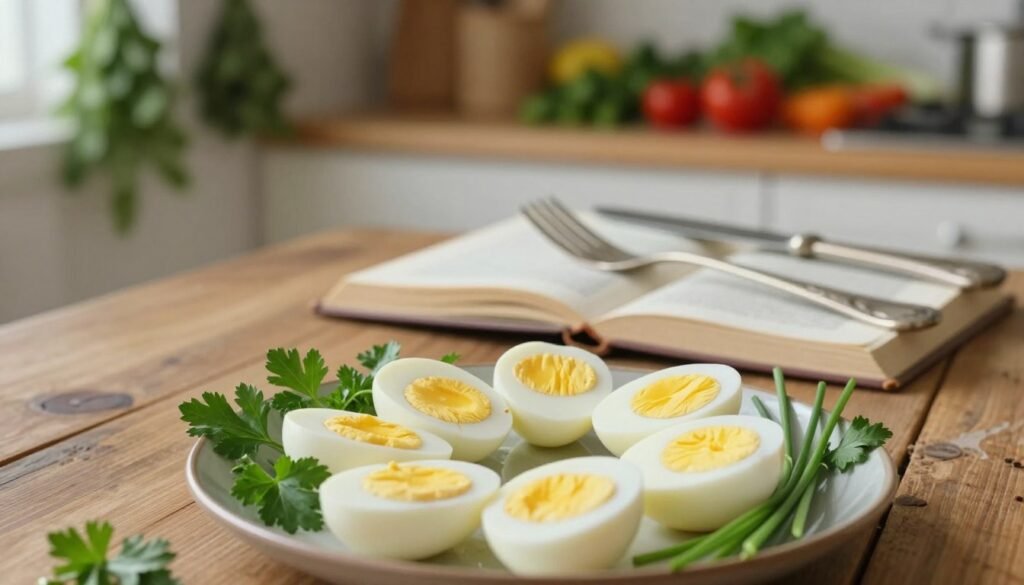 A visually engaging still life composition that reflects the philosophy of the boiled egg diet. In the foreground, place a neatly arranged plate with perfectly boiled eggs, some halved to reveal their vibrant yellow yolks, surrounded by fresh herbs like parsley and chives. In the middle ground, incorporate a rustic wooden table with a small cookbook opened to a page featuring egg recipes, accentuated by a vintage fork and knife placed elegantly beside it. In the background, softly blur a cozy kitchen setting with warm lighting, showcasing hanging herbs and colorful vegetables, conveying a healthy cooking environment. Use a soft-focus lens effect to create a warm, inviting atmosphere, emphasizing simplicity and mindfulness in diet choices.