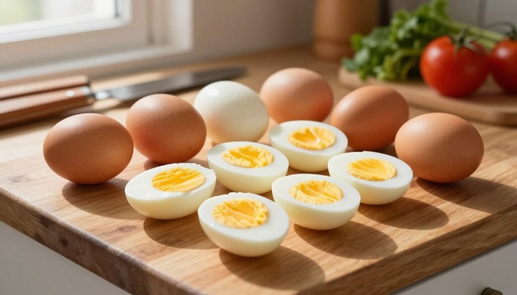 A visually enticing and neatly arranged selection of boiled eggs on a rustic wooden kitchen counter, showcasing a variety of egg stages: perfectly boiled, sliced in half revealing the bright yellow yolk, and some whole eggs in their shells. In the background, there's a soft-focus of kitchen utensils and fresh vegetables, emphasizing a healthy cooking theme. The lighting is warm and inviting, simulating the glow of afternoon sun filtering through a window, creating gentle shadows that enhance the texture of the eggs. The mood is wholesome and vibrant, evoking the idea of a nutritious meal plan centered around eggs, inviting the viewer to explore the dietary guidelines visually. A slight overhead angle captures the entire scene harmoniously without any text or distractions.