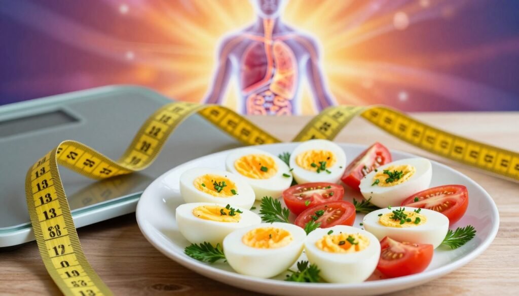 A visually striking representation of "metabolic reset", featuring a vibrant and colorful composition. In the foreground, a perfectly arranged plate of boiled eggs takes center stage, beautifully garnished with fresh herbs and sliced tomatoes, symbolizing nutrition and health. The middle ground includes a measuring tape and a digital scale, subtly illustrating the concept of weight management and dietary measurement. In the background, an abstract representation of a human silhouette with glowing organs emphasizes the body's metabolic process, surrounded by soft, warm lighting that creates an inviting atmosphere. The angle is slightly top-down, showcasing the details of the plate while also allowing the background elements to complement the overall theme. The mood is informative yet inspiring, encouraging healthy lifestyle choices without being overwhelming.