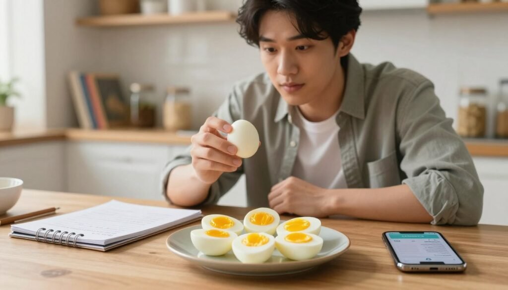 A well-lit kitchen table set for an examination of the boiled egg diet. In the foreground, a stylish plate holding several perfectly boiled eggs, their bright yellow yolks glistening. Beside it, a notepad with handwritten notes and a smartphone displaying a diet app, emphasizing research. In the middle ground, a focused individual in a smart casual outfit, looking intently at the eggs, with a thoughtful expression, analyzing the dietary claims. The background features shelves with cookbooks and jars of healthy ingredients, bathed in warm, natural light to create an inviting atmosphere. The overall mood is one of curiosity and exploration, as the individual delves into health and nutrition.