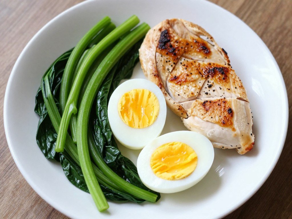 Boiled eggs arranged with fresh vegetables and lean protein on a meal prep plate