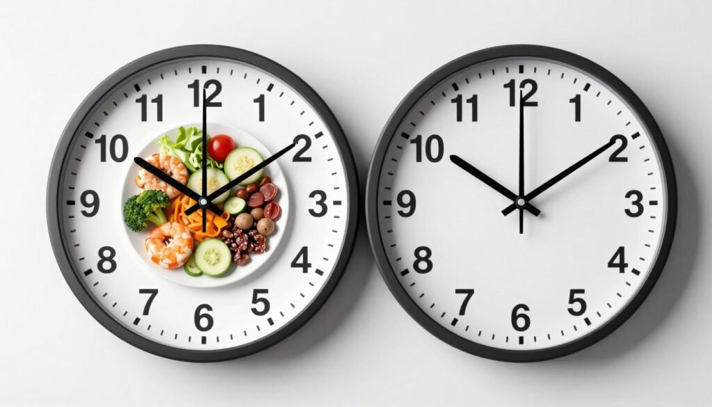 Clock showing intermittent fasting eating window with meal plate
