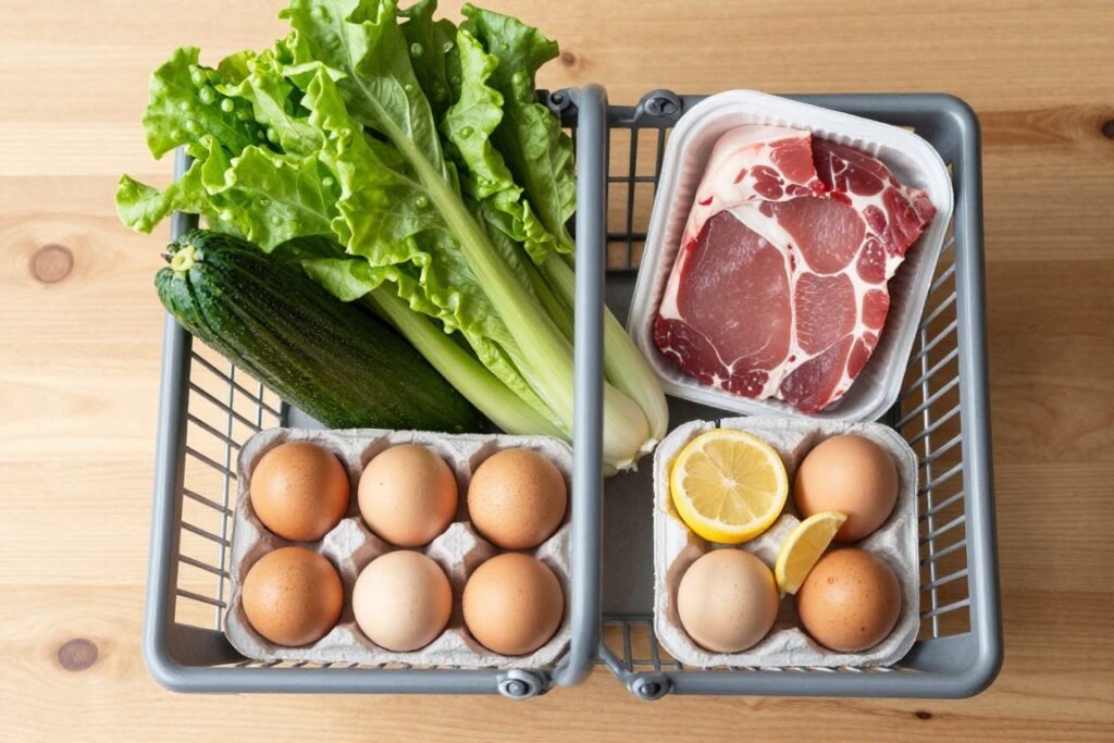 Complete grocery shopping basket with eggs and fresh vegetables for egg diet