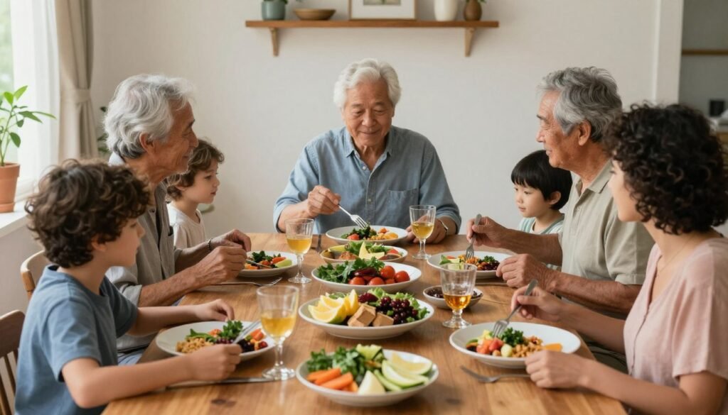 Family enjoying healthy meal together representing sustainable diet integration