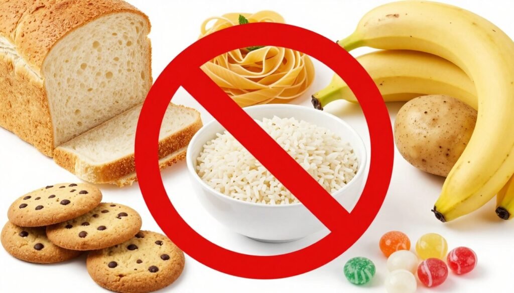 Foods to avoid on ketogenic diet including bread, pasta, and sugary items