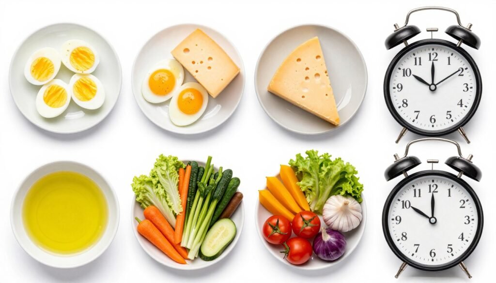 Four different diet plans represented with their signature foods arranged in quadrants