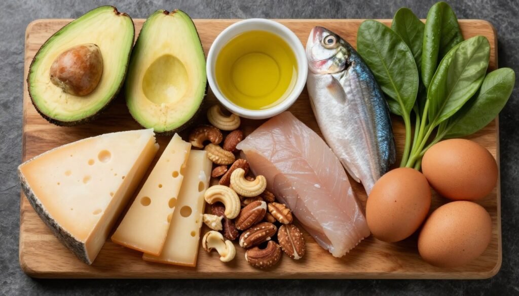 Keto diet foods rich in healthy fats including avocado, cheese, nuts, and oils