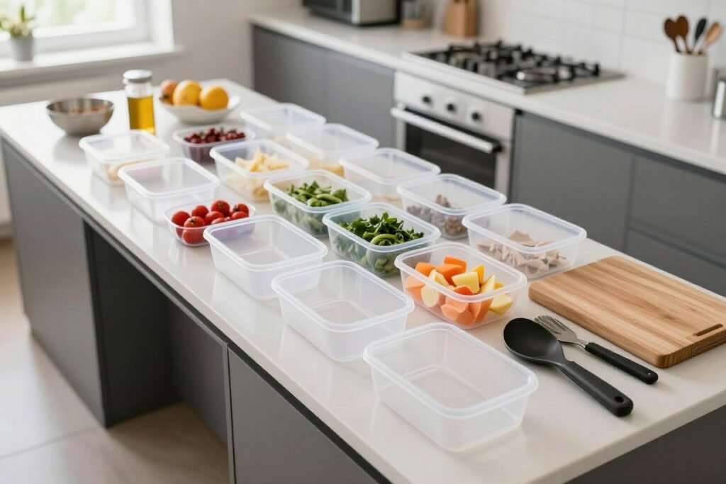 Kitchen counter with ingredients and containers organized for meal prep session