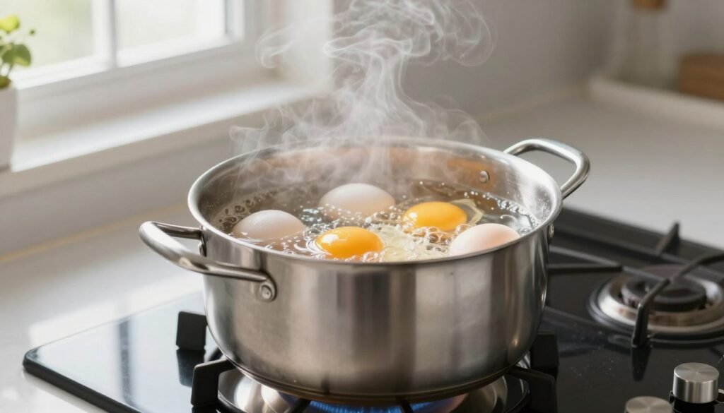 Large pot of boiled eggs being prepared for meal prep