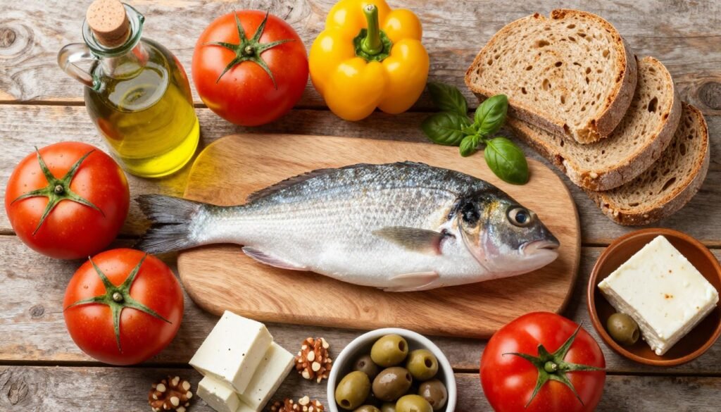 Mediterranean diet foods including olive oil, fish, vegetables, and whole grains