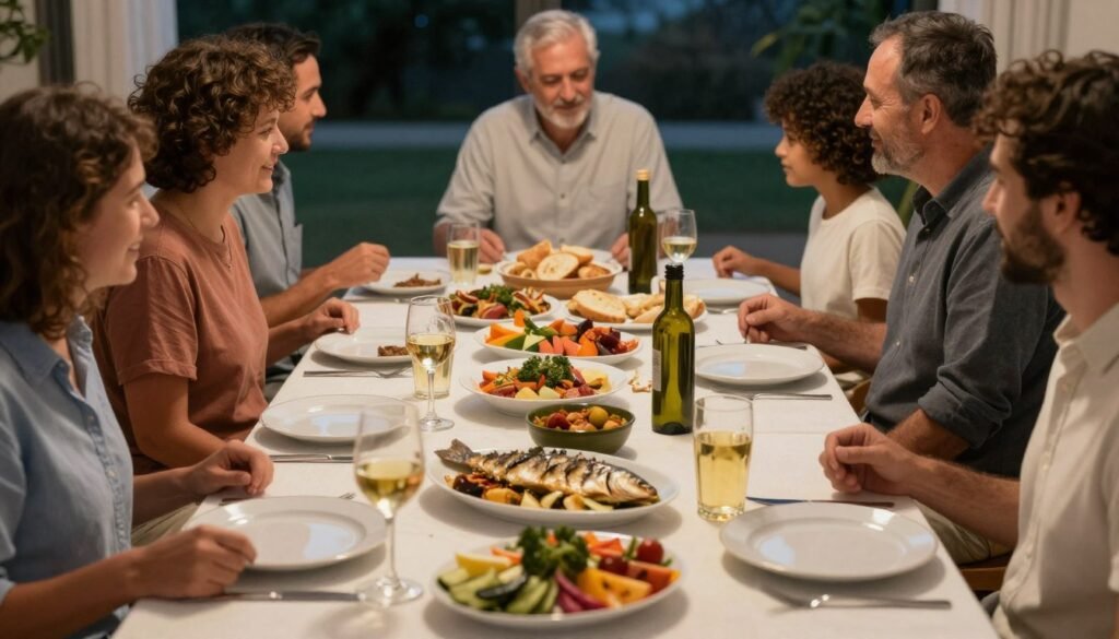 Mediterranean diet spread with family enjoying meal together