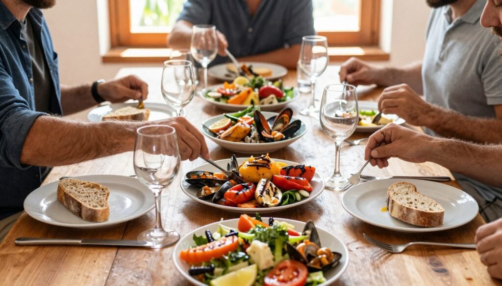 Mediterranean family meal with multiple dishes shared at a table