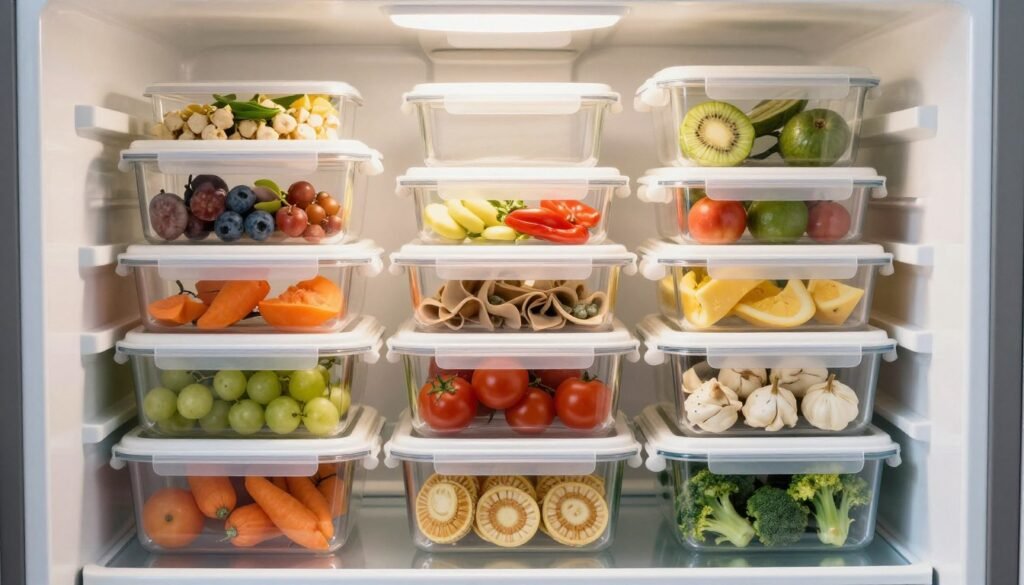 Organized refrigerator with meal prep containers for different diets