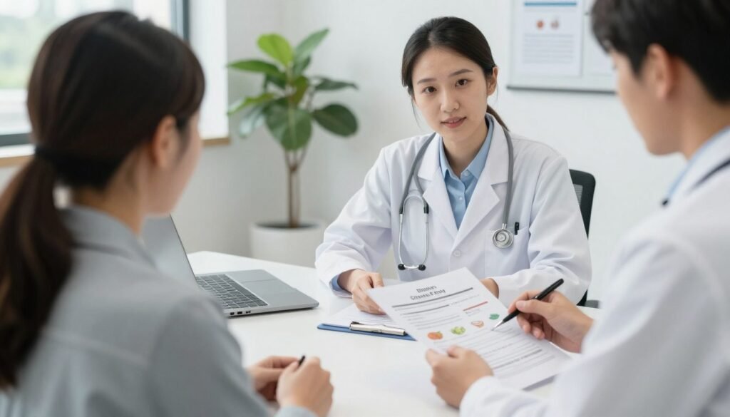 Person consulting with healthcare provider about diet plan
