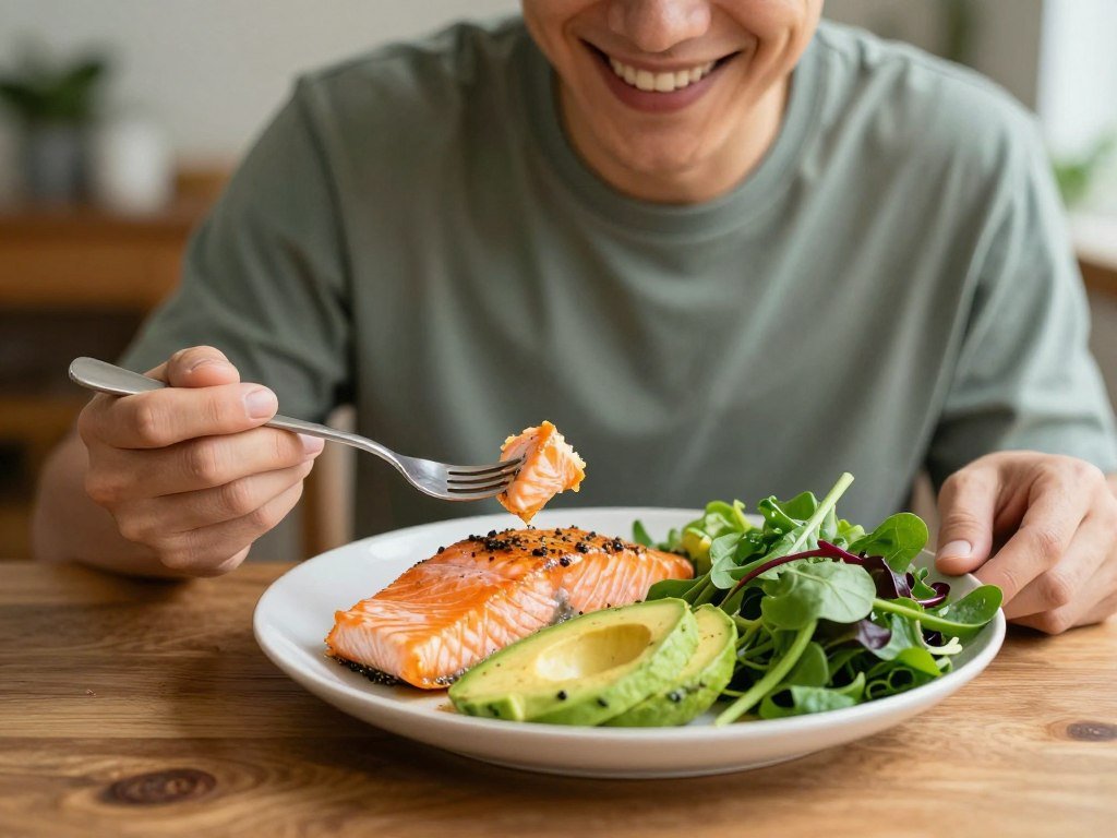 Person enjoying keto-friendly meal with avocado and healthy fats