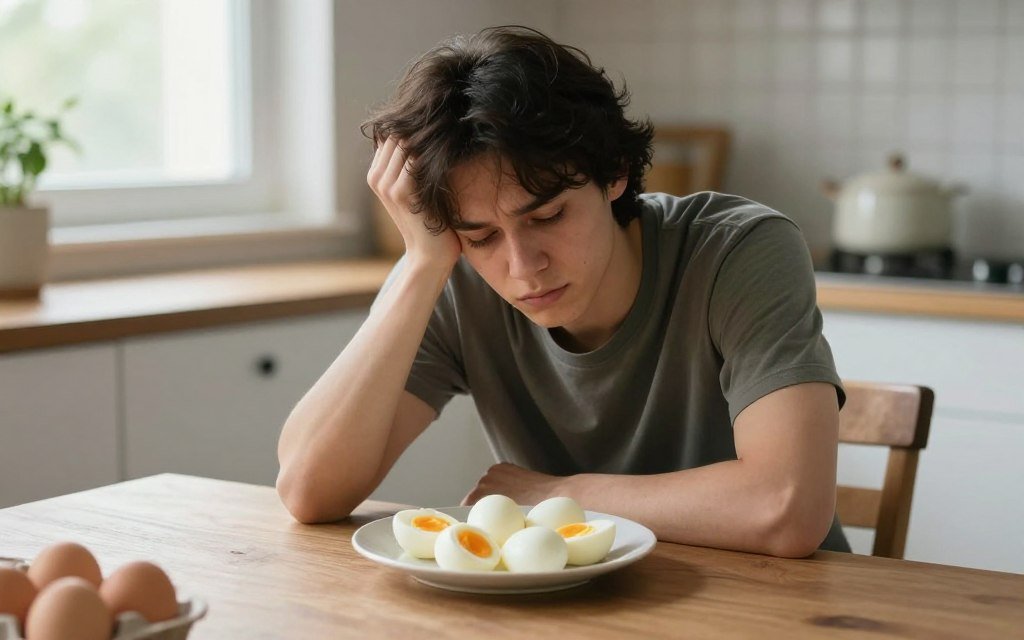 Person looking tired while eating boiled eggs representing diet monotony