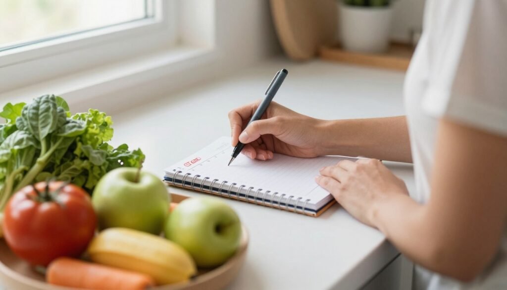 Person preparing kitchen and writing action plan for diet start