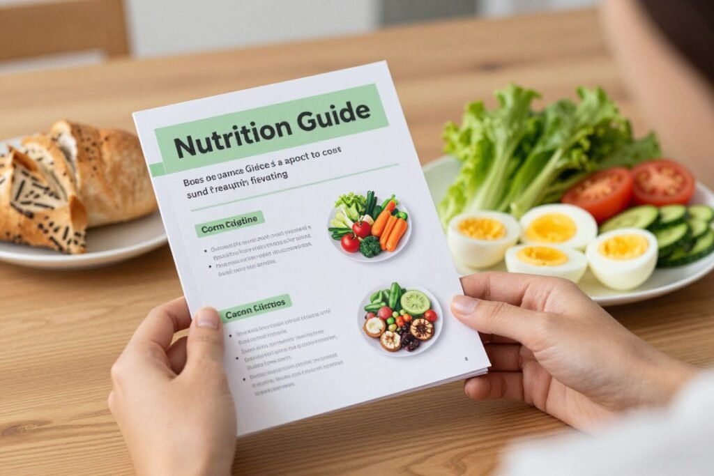 Person reading nutrition guide with boiled eggs on table
