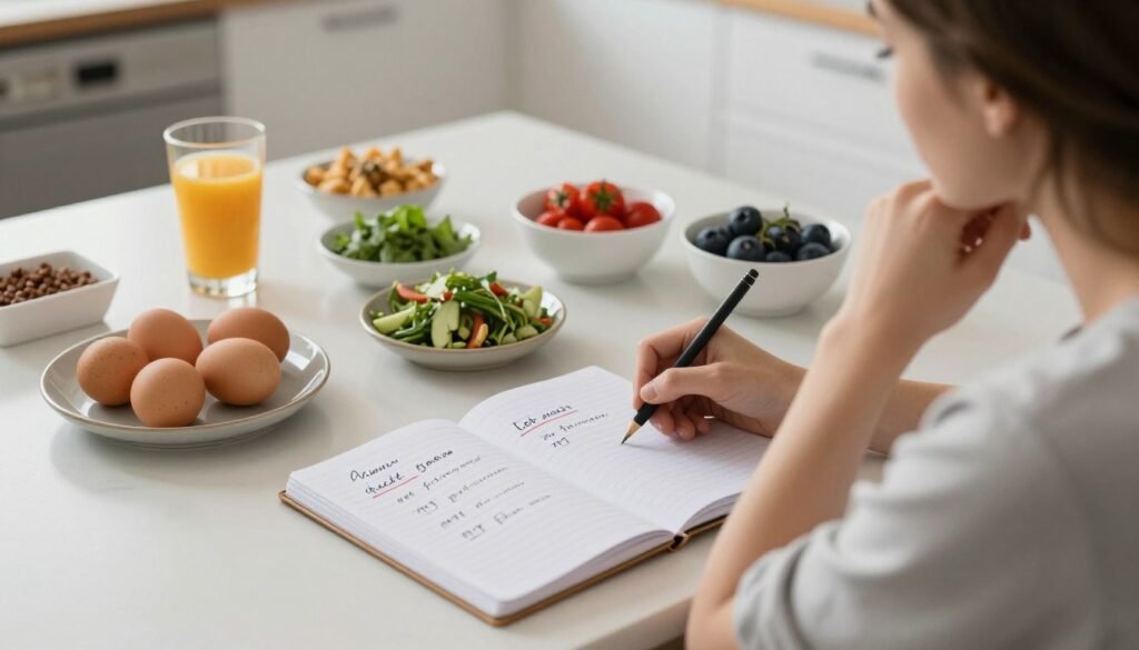 Person thoughtfully considering diet options with healthy foods
