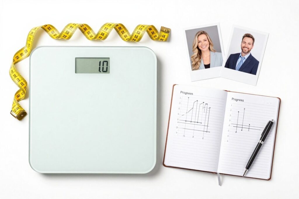 Progress tracking with scale, measuring tape, and journal