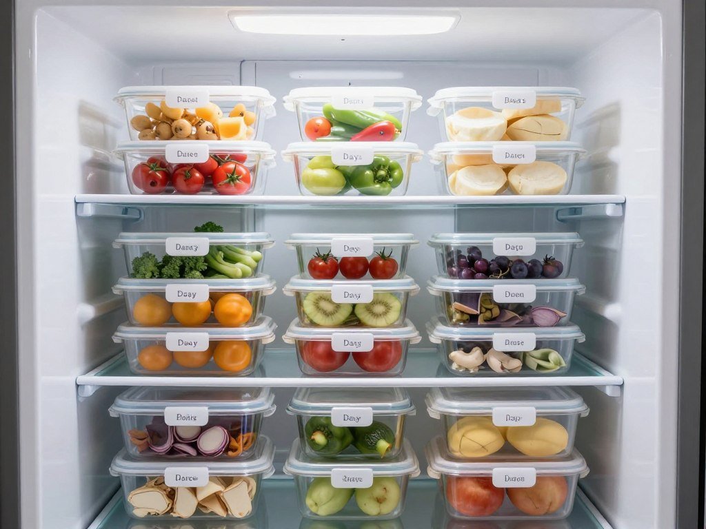 Refrigerator organized with labeled meal prep containers by day