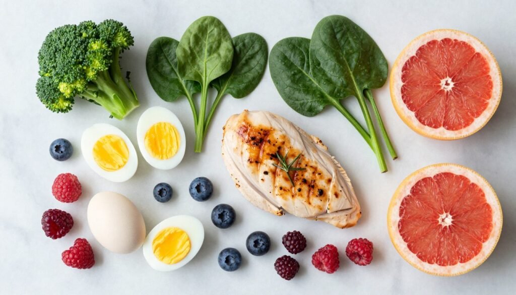 Variety of foods allowed on boiled egg diet including eggs, vegetables, and lean proteins