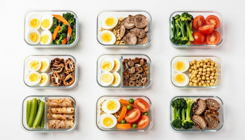 Various meal prep containers filled with boiled egg diet meals