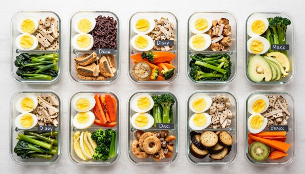 Week of meal prep containers showing variety of boiled egg diet meals